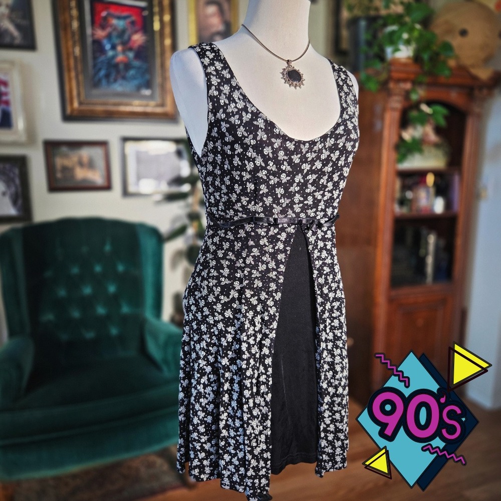 Sabora Floral Mini Dress Vintage 90s Black White Grunge Ditsy Rose Grande Large